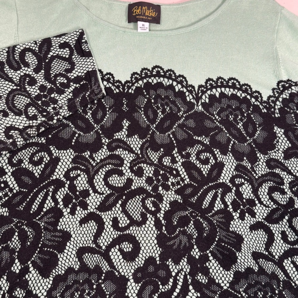Bob Mackie Wearable Art Black Lace Print Sage Green Knit Tunic Top‎ Womens XL